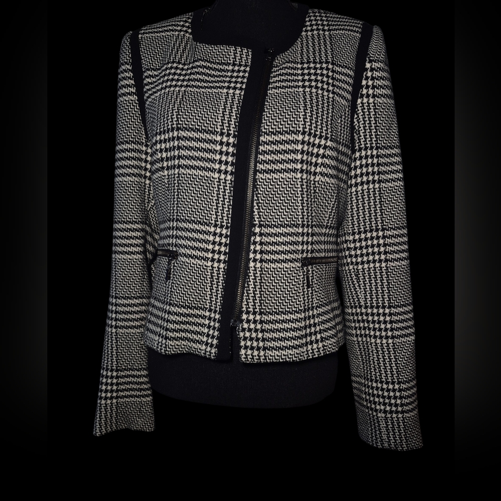 Mario Serrani Italy Black White Houndstooth Plaid Asymmetrical Zip Jacket - Sz 8
